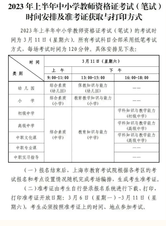 上海：2023年上半年中小學(xué)教師資格考試（筆試）報(bào)名公告