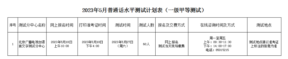 2023年5月北京普通話報名時間：5月18日